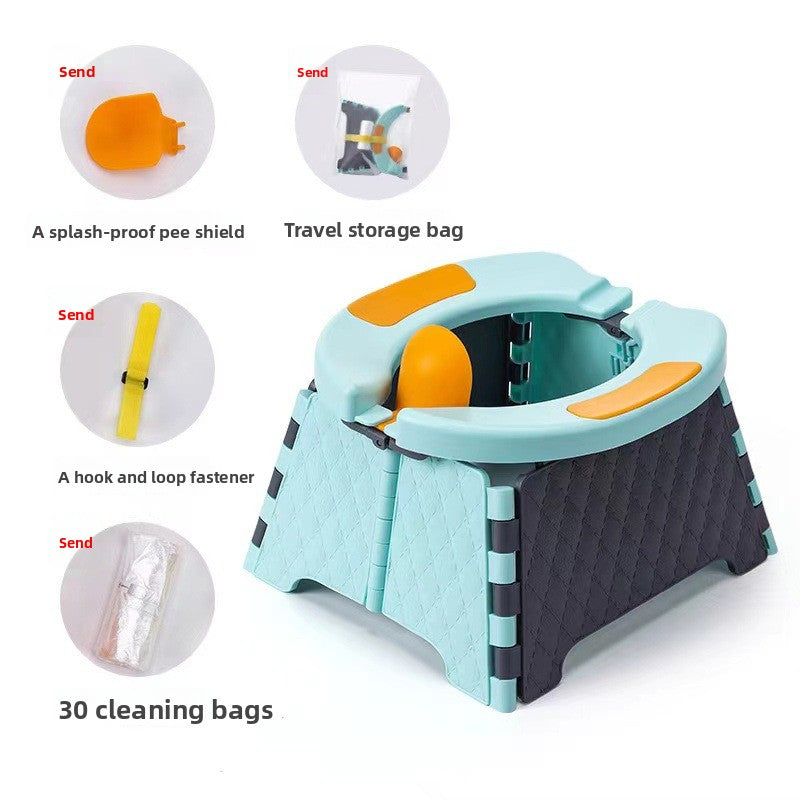 Mint blue folding toddler potty with included pee shield, travel storage bag and liner bags