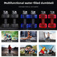 Blue translucent dumbbell water bottle filled with water on a plain studio background