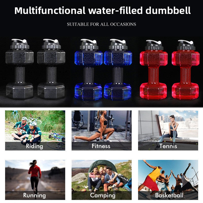 Blue translucent dumbbell water bottle filled with water on a plain studio background