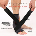 Black and grey knit ankle brace with a crossed compression strap held open by two hands, with feature labels around it