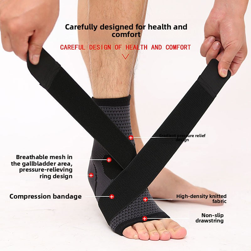 Black and grey knit ankle brace with a crossed compression strap held open by two hands, with feature labels around it