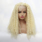 Short curly synthetic lace front bob wig shown on a mannequin head, angled view