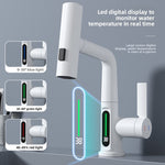 White pull out basin faucet with an LED temperature display shown reading the water temperature