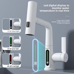 White pull out basin faucet with an LED temperature display shown reading the water temperature