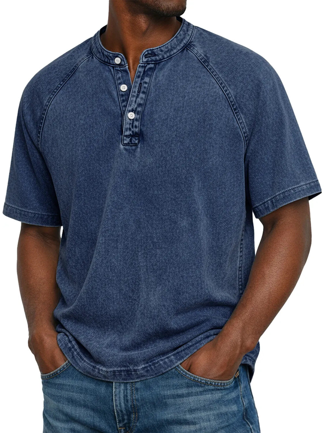 Washed denim henley shown as a wardrobe pairing example with jeans
