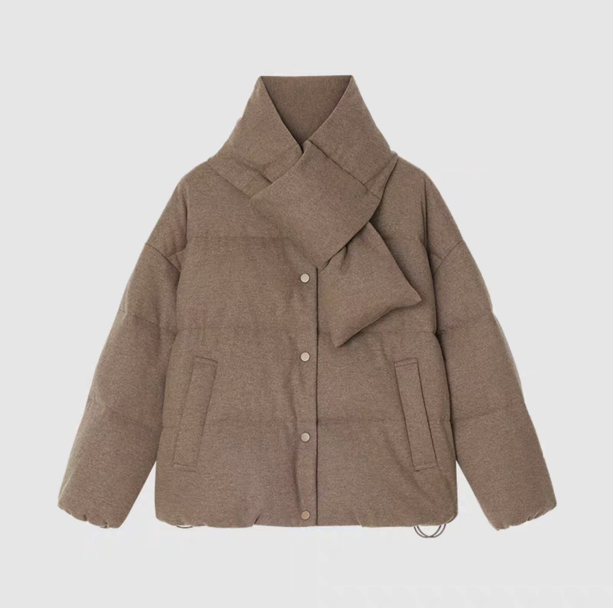 Womens flower brown down jacket with scarf collar and side pockets, studio image on white