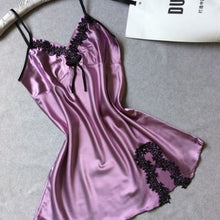 Womens Satin Slip Nightdress with Lace Trim, V Neck Spaghetti Straps