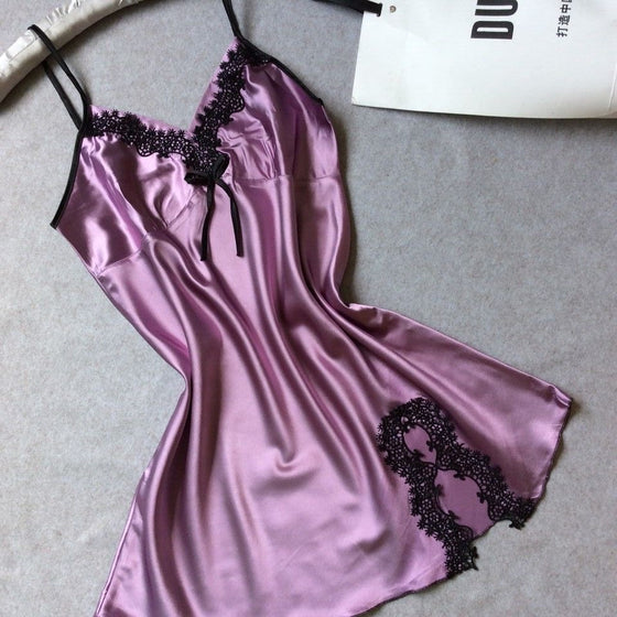 Womens Satin Slip Nightdress with Lace Trim, V Neck Spaghetti Straps