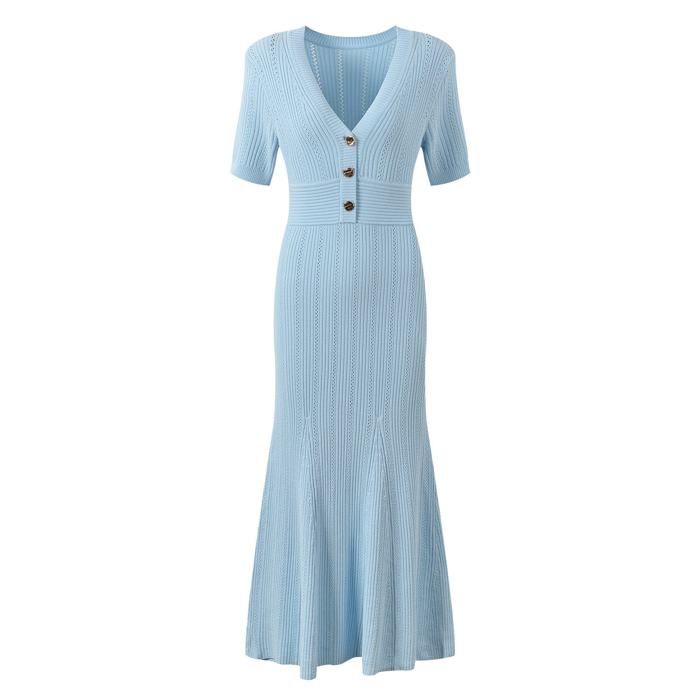 Elegant V-neck knitted dress in blue, front view showing the V neckline