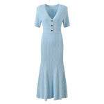 Elegant V-neck knitted dress in blue, front view showing the V neckline