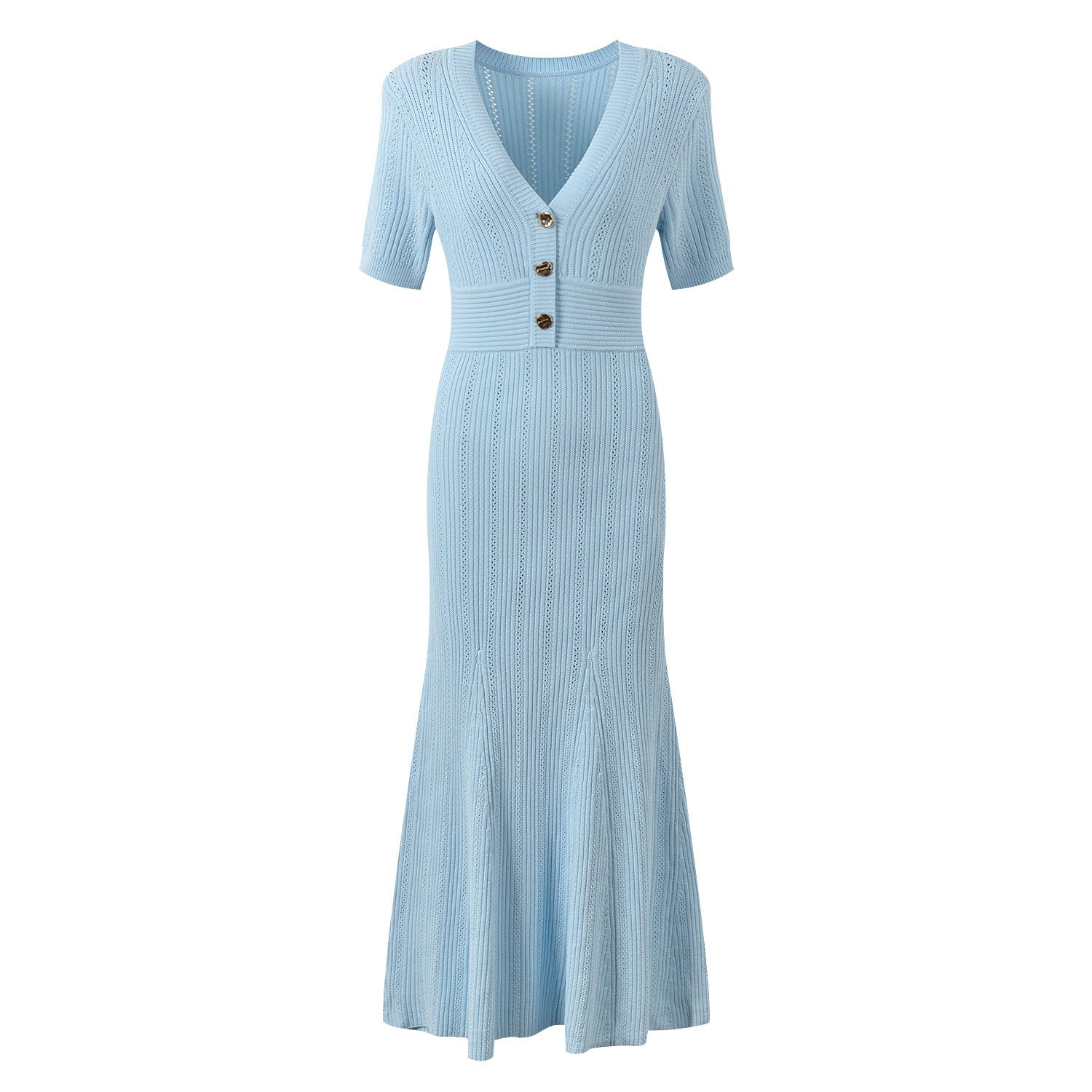 Elegant V-neck knitted dress in blue, front view showing the V neckline