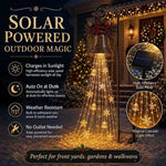 Solar Christmas bell yard light on an iron hook with warm light strands beside a text panel listing solar features