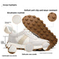 Design highlights panel showing the cow suede upper, EVA sole, and 6 to 8 cm lift