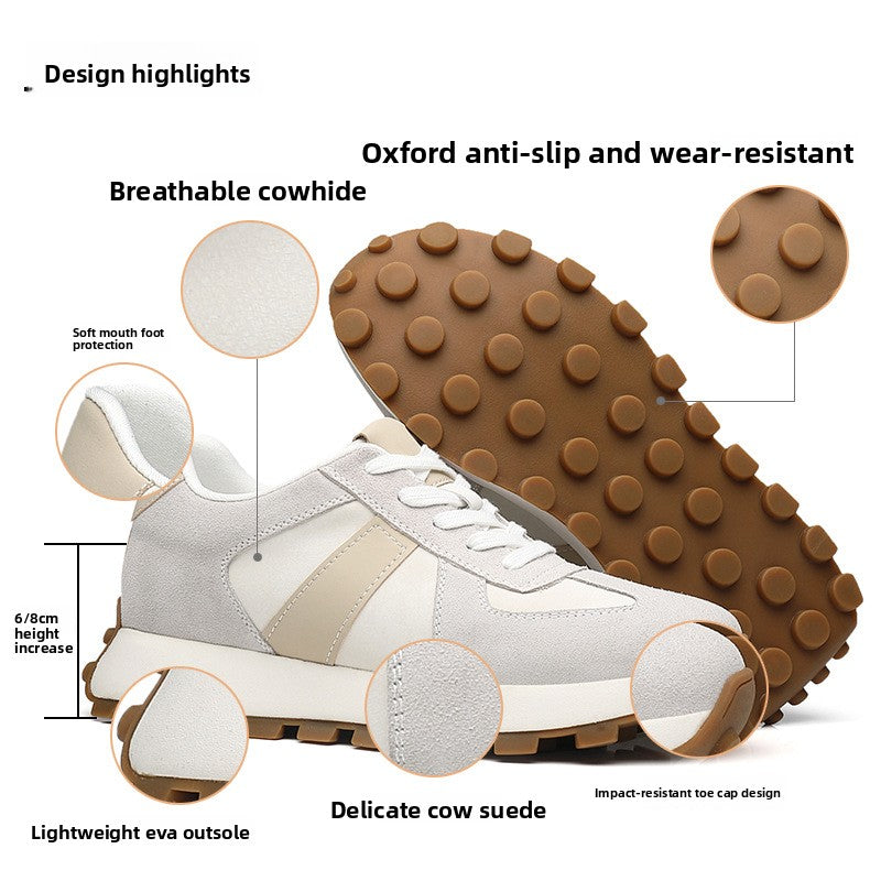 Design highlights panel showing the cow suede upper, EVA sole, and 6 to 8 cm lift