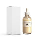 Pale cream True Belly Serum oil in a clear glass dropper bottle next to its white outer box on a white backdrop