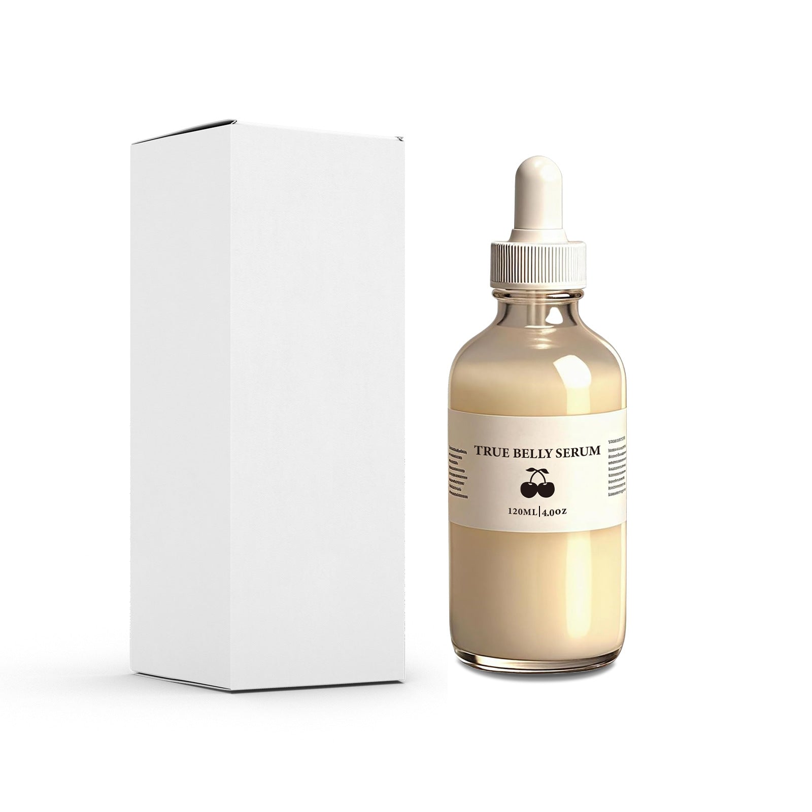 Pale cream True Belly Serum oil in a clear glass dropper bottle next to its white outer box on a white backdrop