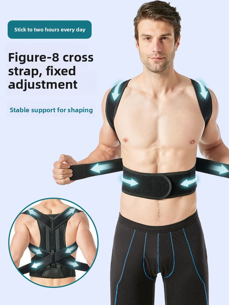 Black figure eight back belt shown front and back with printed maker callouts