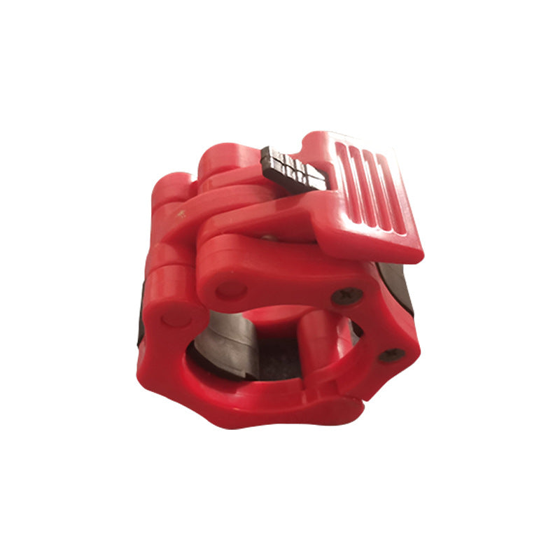 Red option: red barbell collar with a ribbed lever, black latch and a round opening for the bar