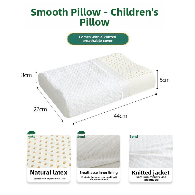 Diagram of the kids smooth latex pillow at 27 by 44 cm with natural latex and cover callouts