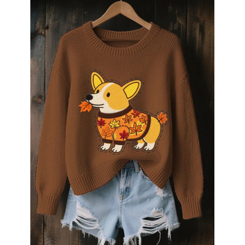 Brown womens 3D print knit look pullover top with an autumn corgi motif, product photo