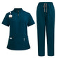 Womens scrub top in Caribbean blue shown flat to display the stand collar, quarter zip and hip pockets