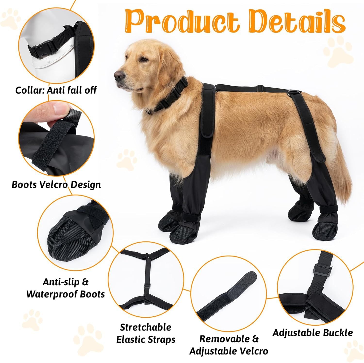 Set of four dog boots connected to an adjustable suspender harness