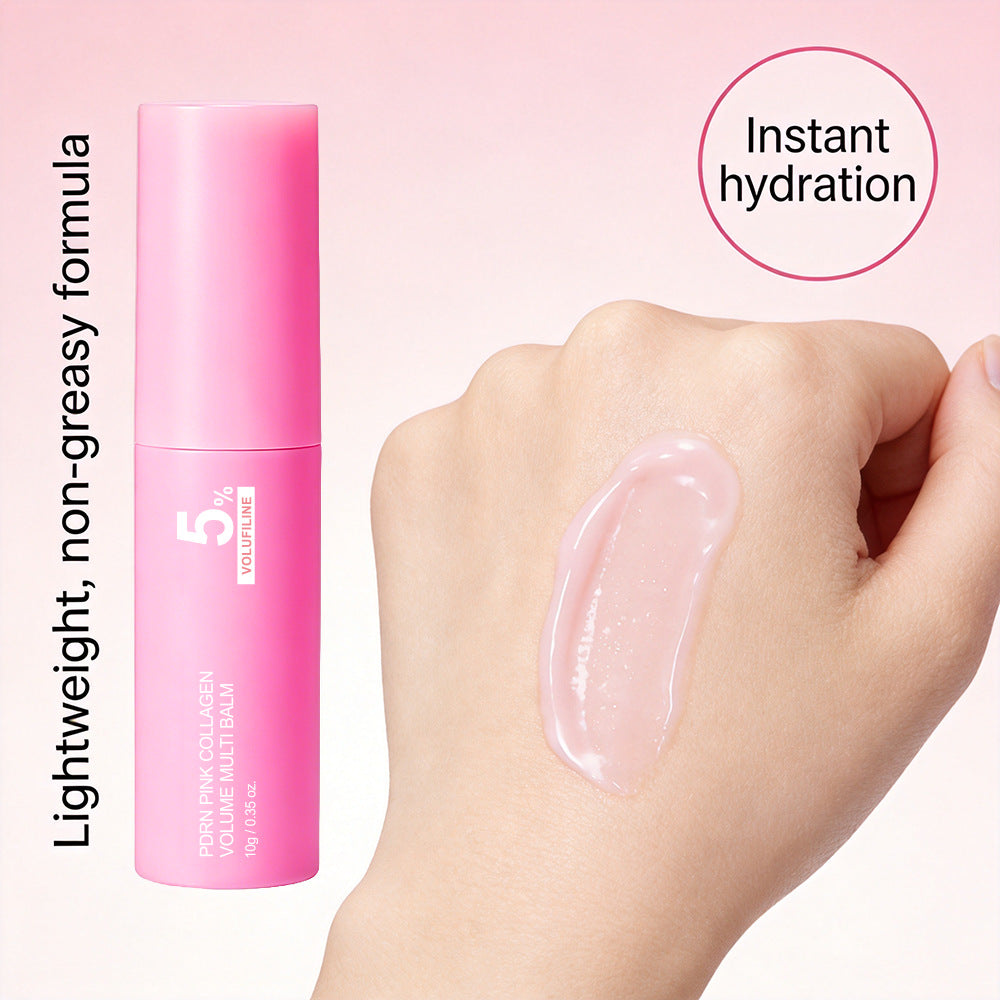 Pink collagen balm skincare product, showing the balm texture at the tip of the stick