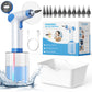 Blue pistol ear cleaner showing 100 F warm water display, eleven soft tips and cleaning tray