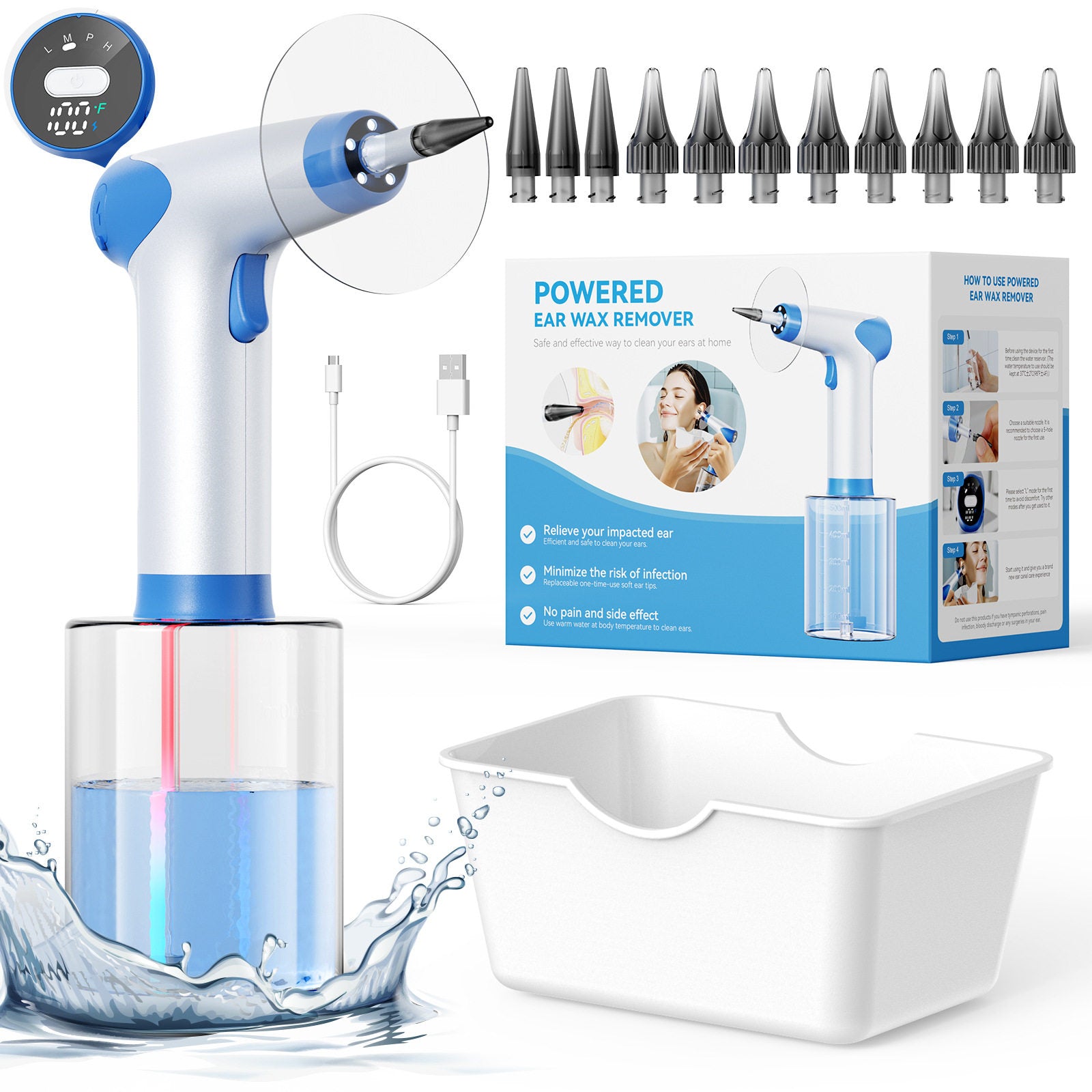 Blue pistol ear cleaner showing 100 F warm water display, eleven soft tips and cleaning tray