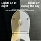 Split view of a toilet lid, warm light on the seat at night on one side and the lamp dark by day on the other