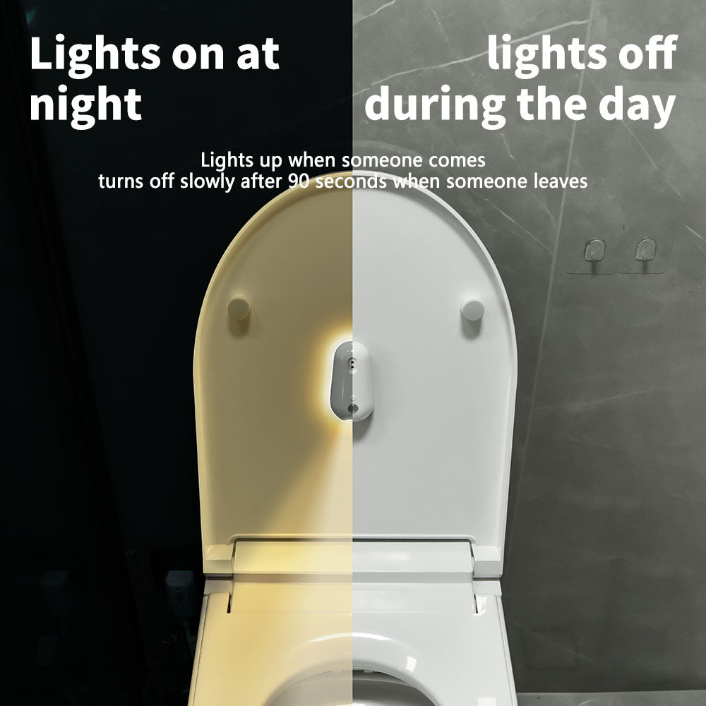 Split view of a toilet lid, warm light on the seat at night on one side and the lamp dark by day on the other