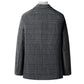 Grey windowpane plaid wool blend blazer front view on a plain background