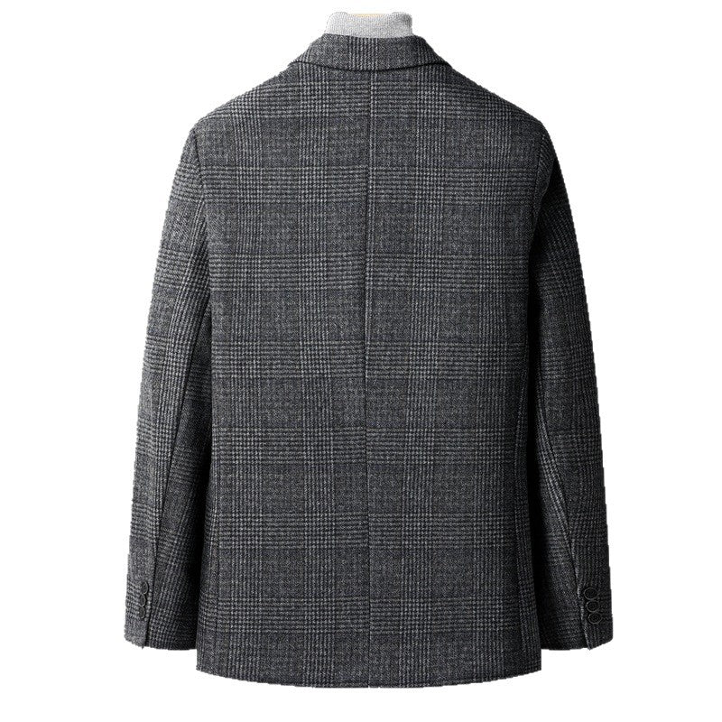 Grey windowpane plaid wool blend blazer front view on a plain background
