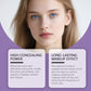 Woman with a smooth complexion above two text panels about concealing and wear, on a purple background