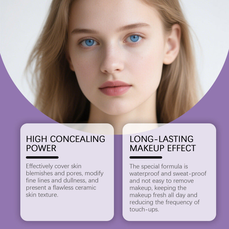 Woman with a smooth complexion above two text panels about concealing and wear, on a purple background