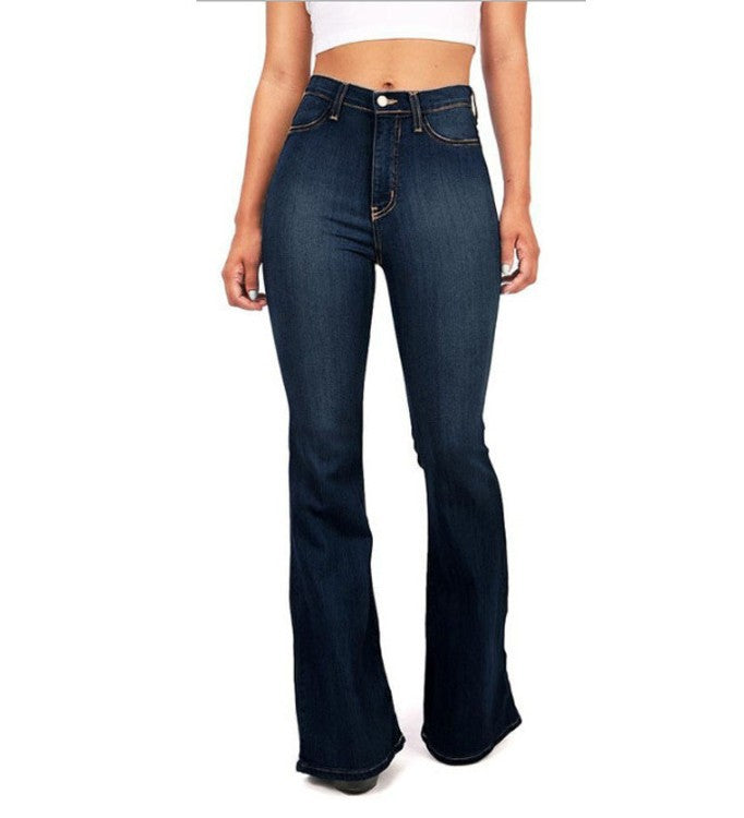 Womens retro bootcut flare jeans in denim shown on a model with a clean high waist