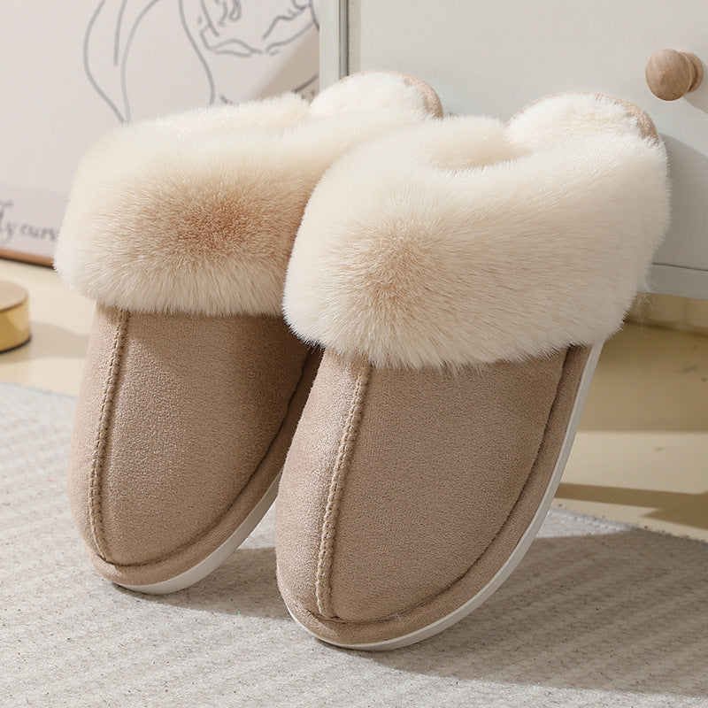 Khaki plush cuff slip-on mule slippers on a grey rug, variant photo for size 36/37