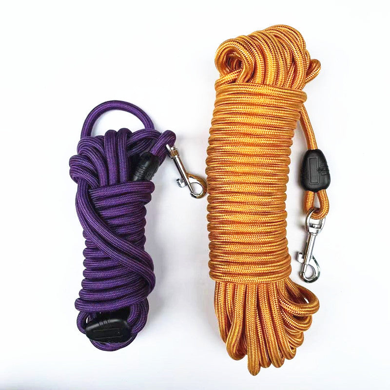 Purple and gold round nylon dog training long lines coiled with metal snap clips