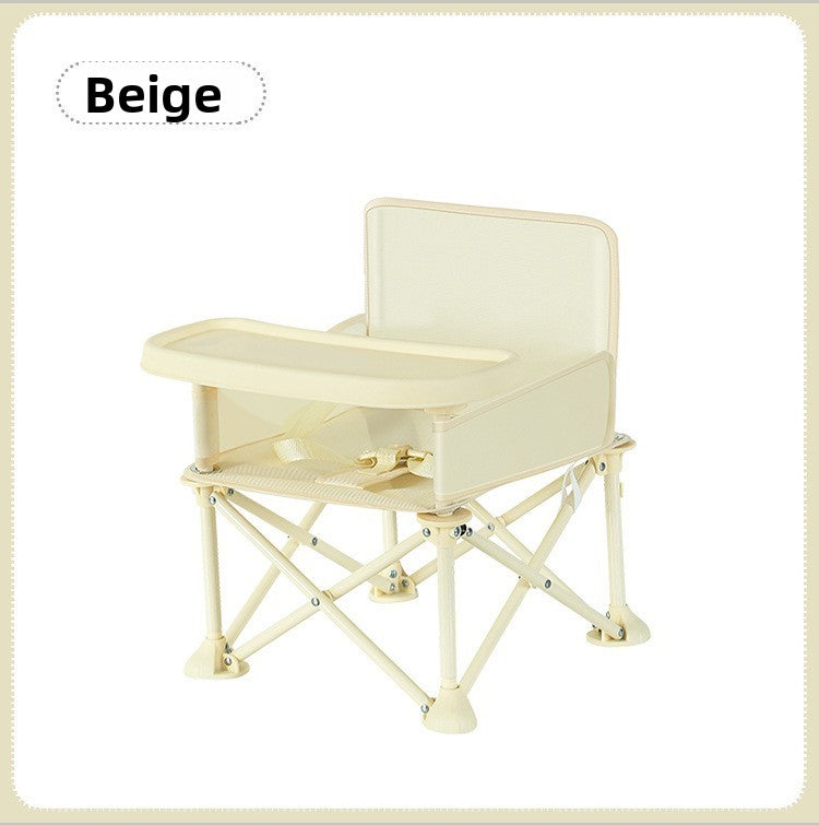 Beige folding baby feeding chair without canopy on a colour matched folding frame