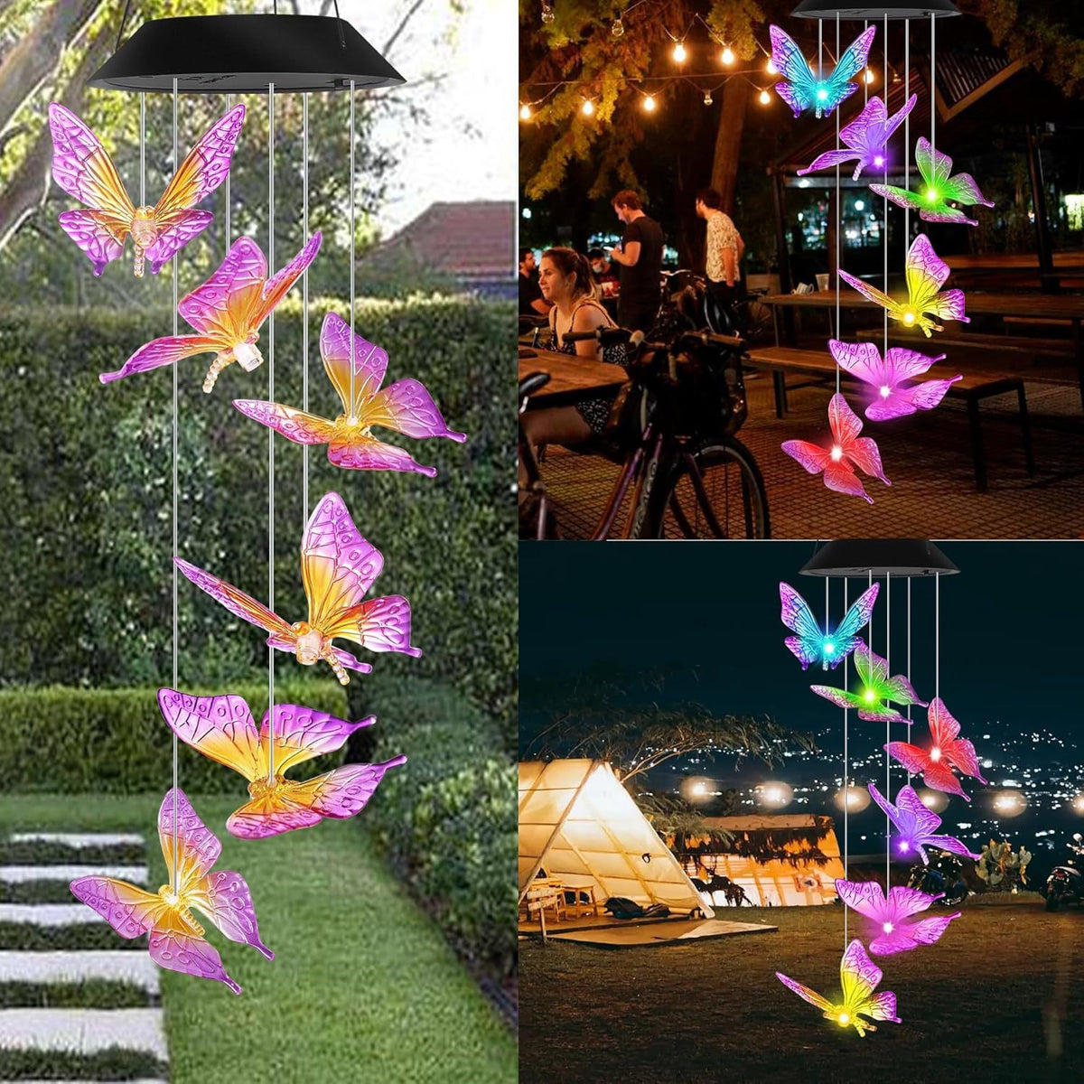 Purple and yellow butterfly LED figures hanging from a solar lamp head in a garden, red housing option