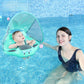 Mint baby swim float with canopy raised in a pool, baby aboard and an adult alongside