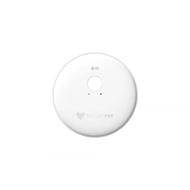 Front studio view of the white round AI voice translator on a plain white background
