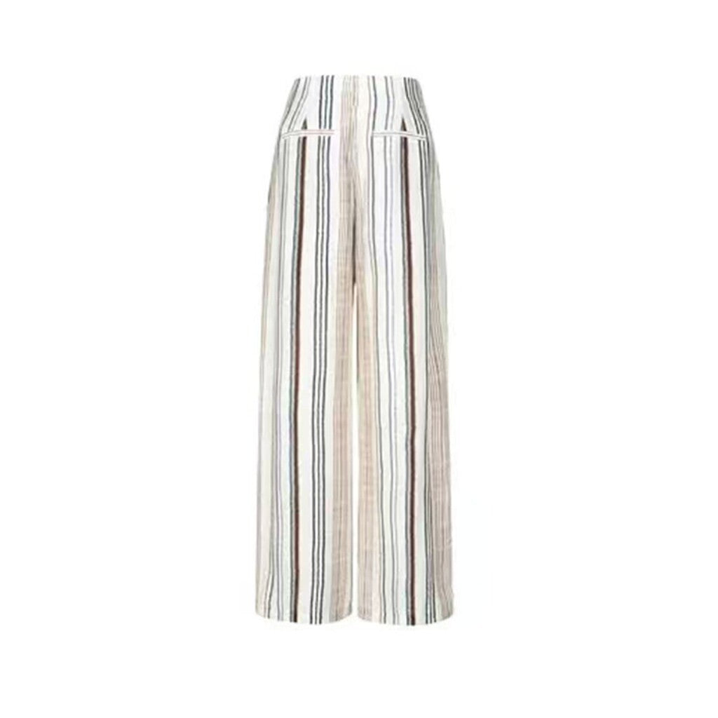 Back view of cream wide leg striped pants with high waist and welt pockets