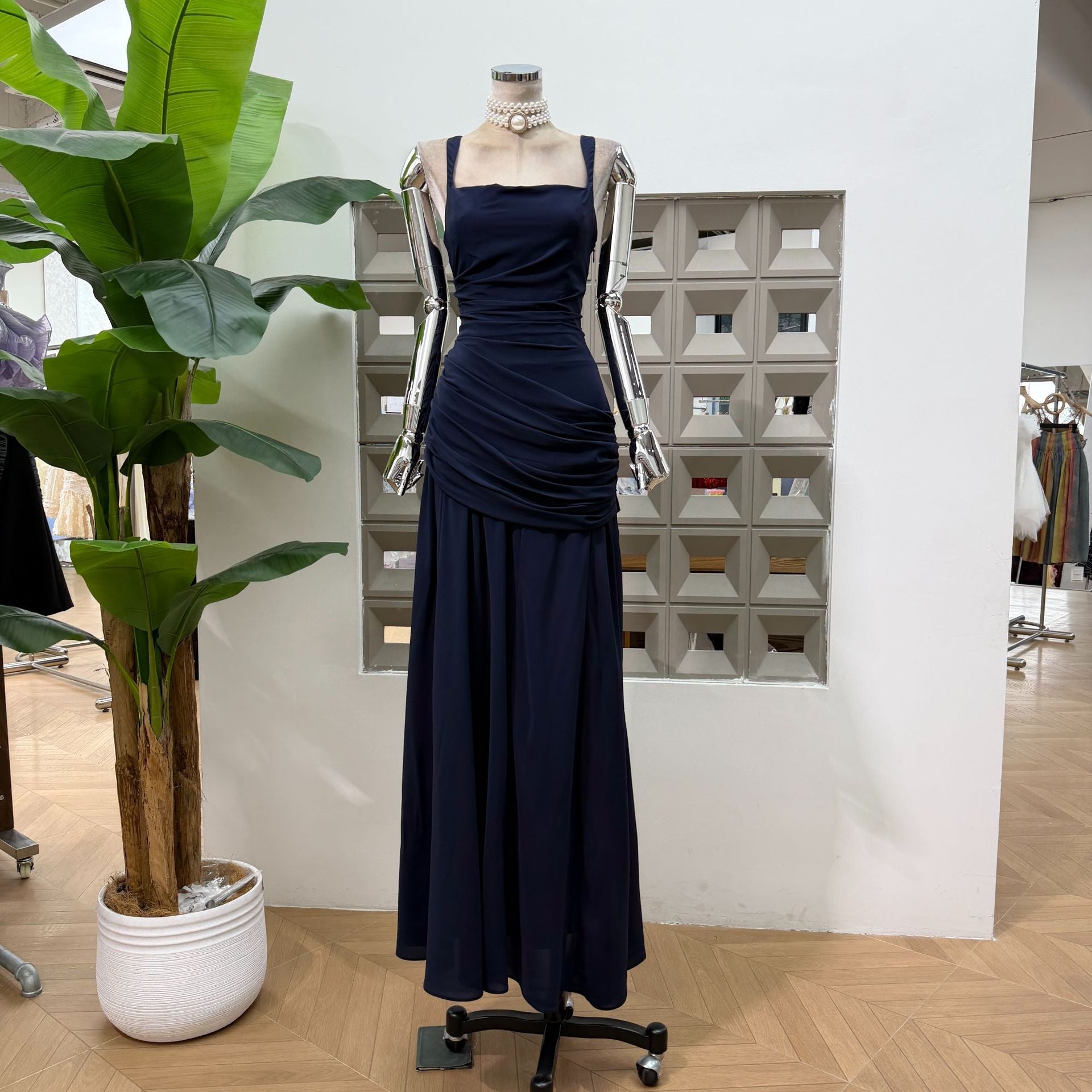 Navy ruched maxi dress with square neck and laced back, Dark blue option photo