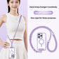 Model carrying a phone on a purple lanyard strap worn across the body
