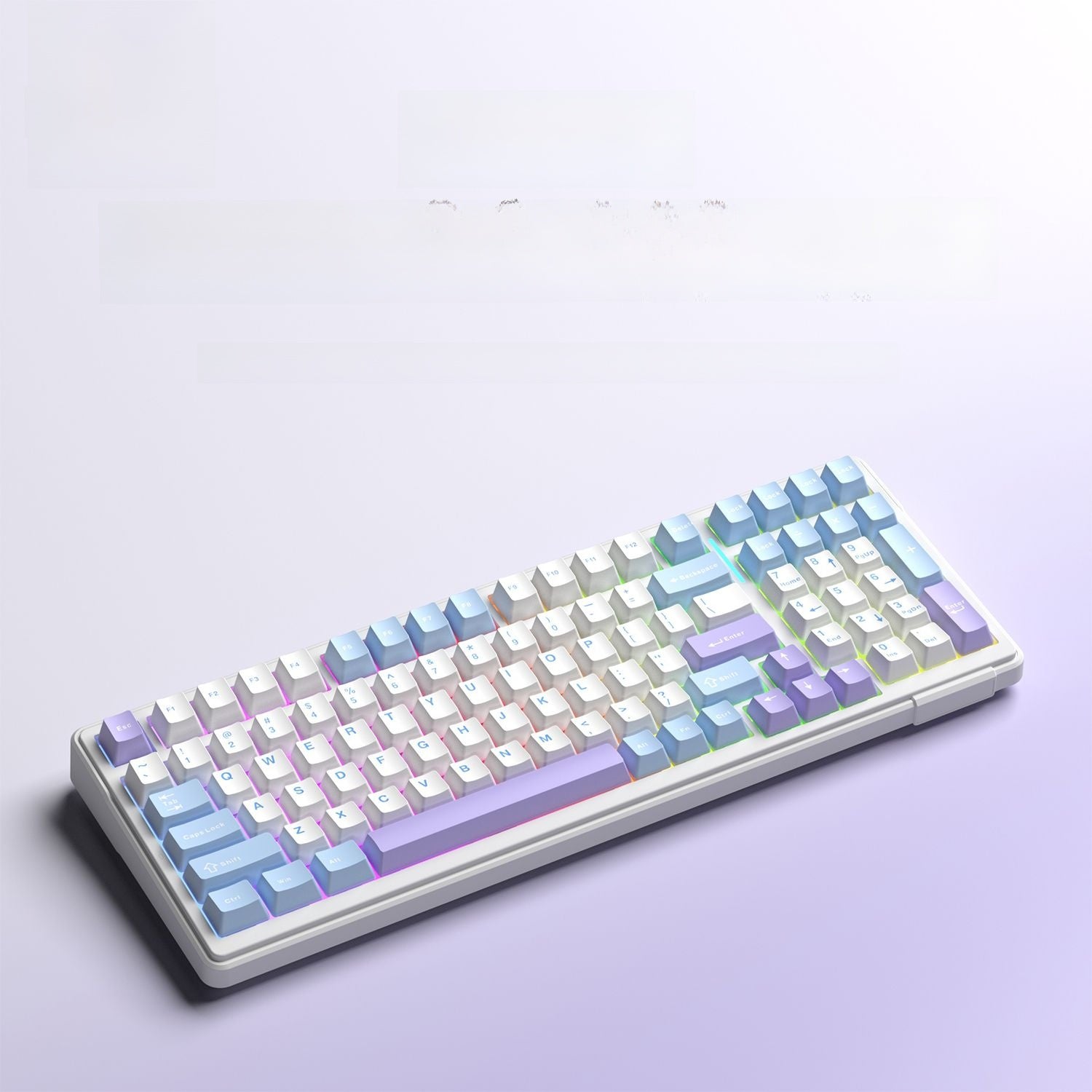 F99 mechanical keyboard in white blue purple gradient on a lilac backdrop
