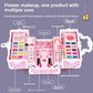 Open pink beauty case with labels for powder compact, blush, sequin eyeshadow, lipstick, bracelet and nail art tools