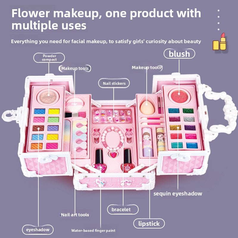 Open pink beauty case with labels for powder compact, blush, sequin eyeshadow, lipstick, bracelet and nail art tools