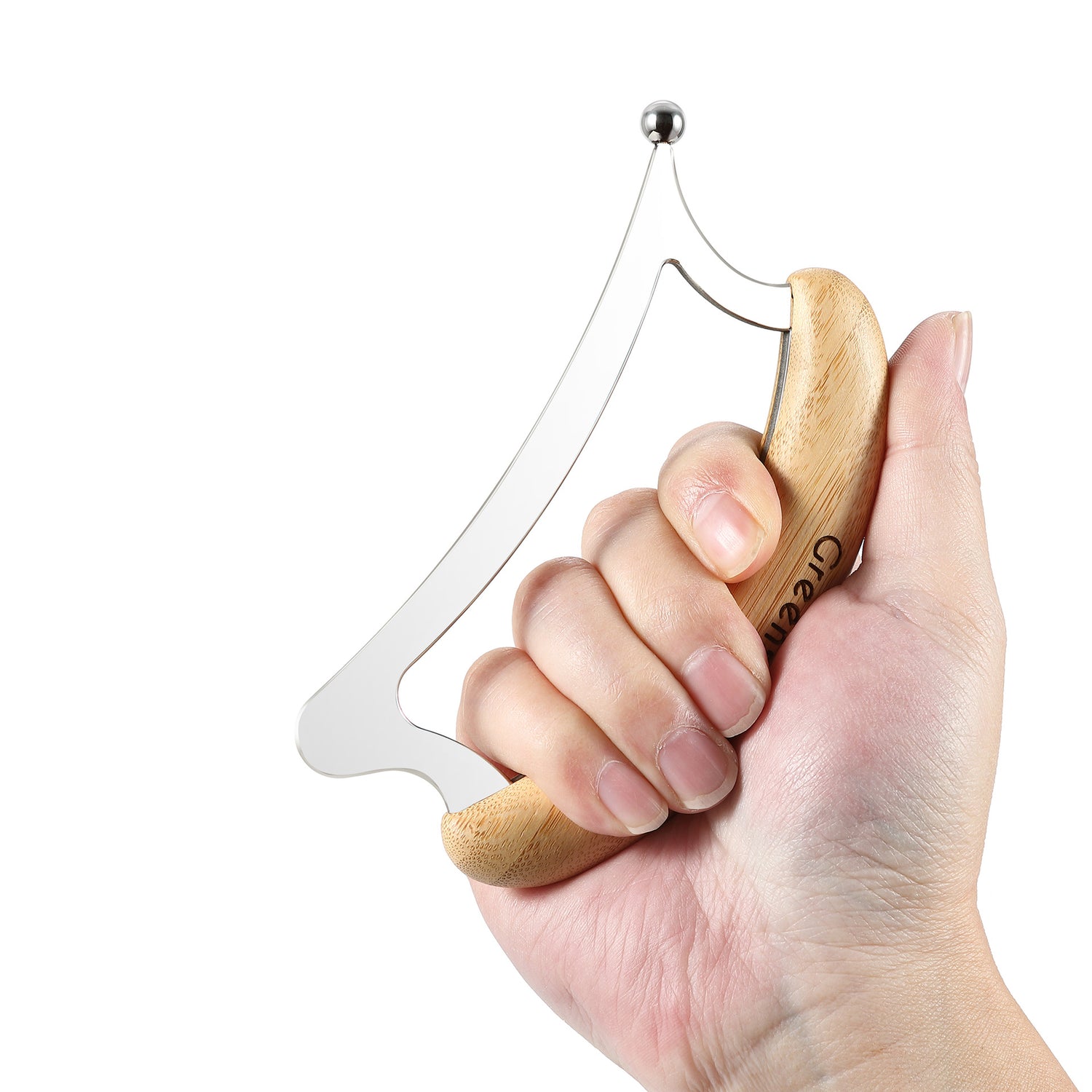 Close up of the bamboo handle grain and the polished steel scraping edge with ball tip