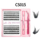 Lash cluster style CS15 in a 10 row tray with dual-ended glue pen, tweezers and a close-up of the cluster shape